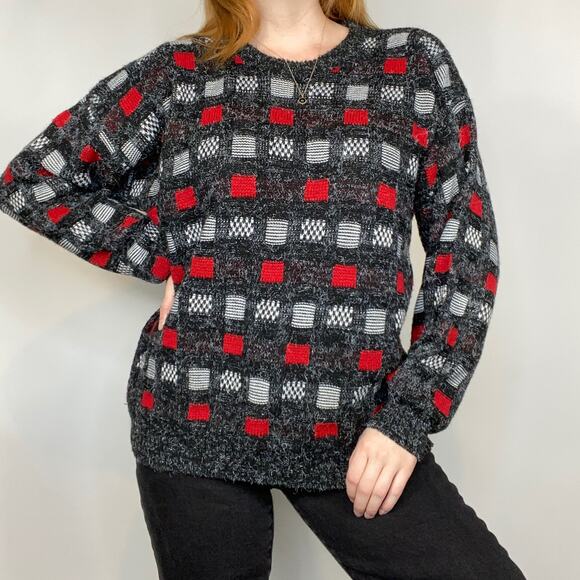 Vintage New Era Large Red & Gray Checkered Crewneck Dad/Grandpa Sweater - Picture 5 of 10